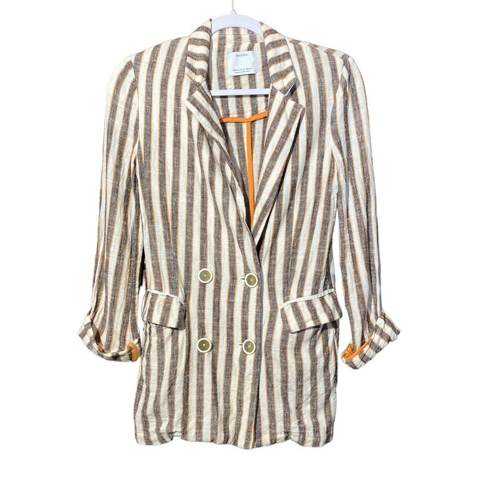 Bershka Gray, White & Orange Double Breasted Linen Blend Blazer Women's Size XS